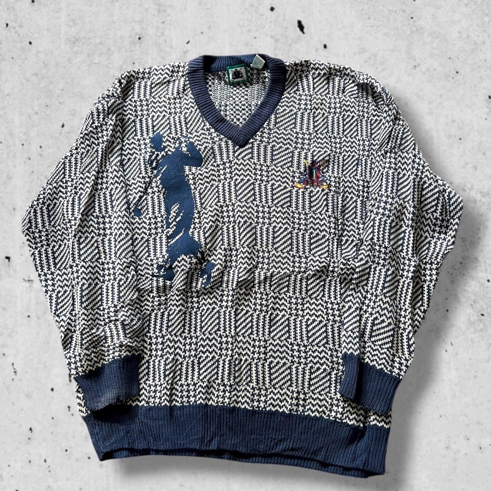 Vintage IZOD Mens V Neck Sweater Golf Jacquard Navy White XL Preppy Old Money